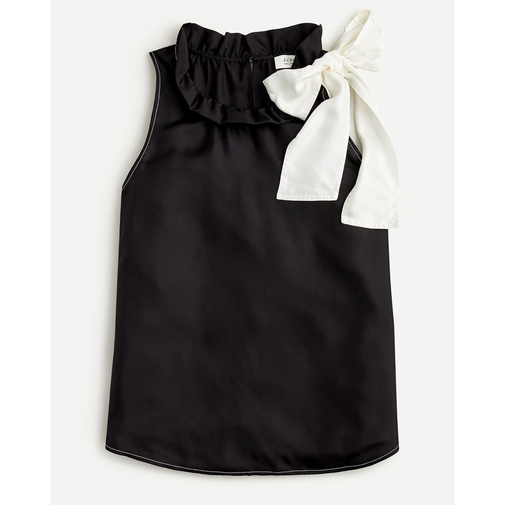 J.Crew 100% Silk Twill Top with Fixed Bow Luxury Career in B&W Womens Medium NWT